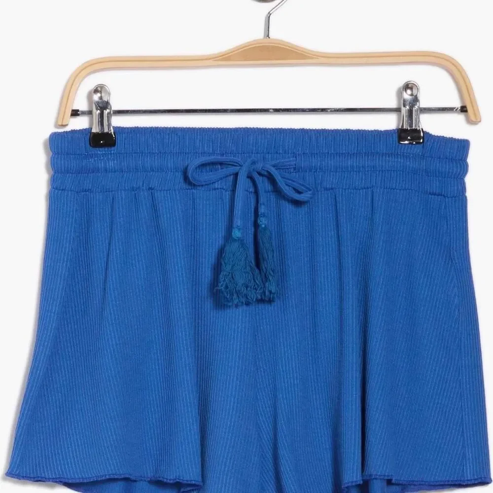 ELAN blue ribbed fly away tie-front crop top & drawstring cover-up short set
